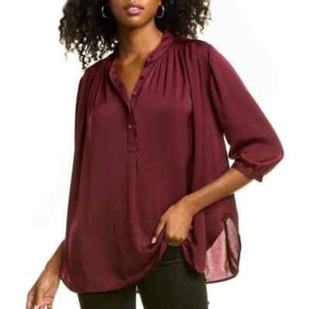 Rebecca Minkoff Peasant‎ Burgundy Henley 3/4 Sleeve Oversized Maroon Top M Boxy